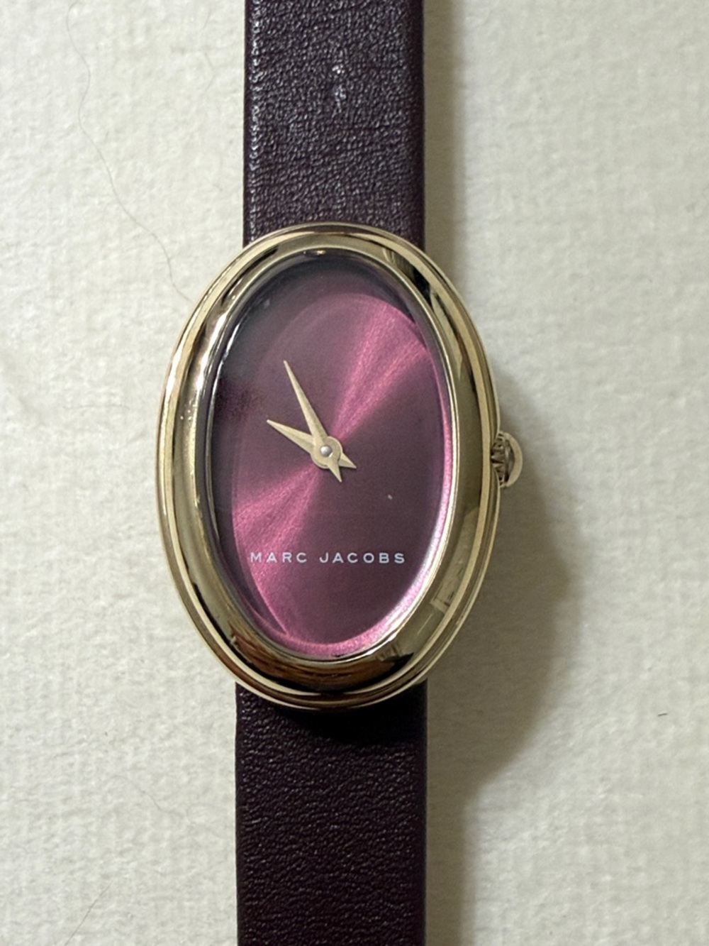 Marc Jacobs Gold Oval Watch with Plum Dial and Burgundy Strap